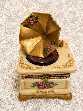 Gramophone Trinket Box Porcelain Record Player with Embossed Roses